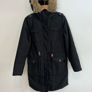 Elvine Women’s Small Navy Blue Long Overcoat Parka Jacket Faux Fur Hooded